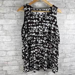 Susan Graver Liquid Knit Sleeveless Tiered Top Brown White Abstract Print Size M